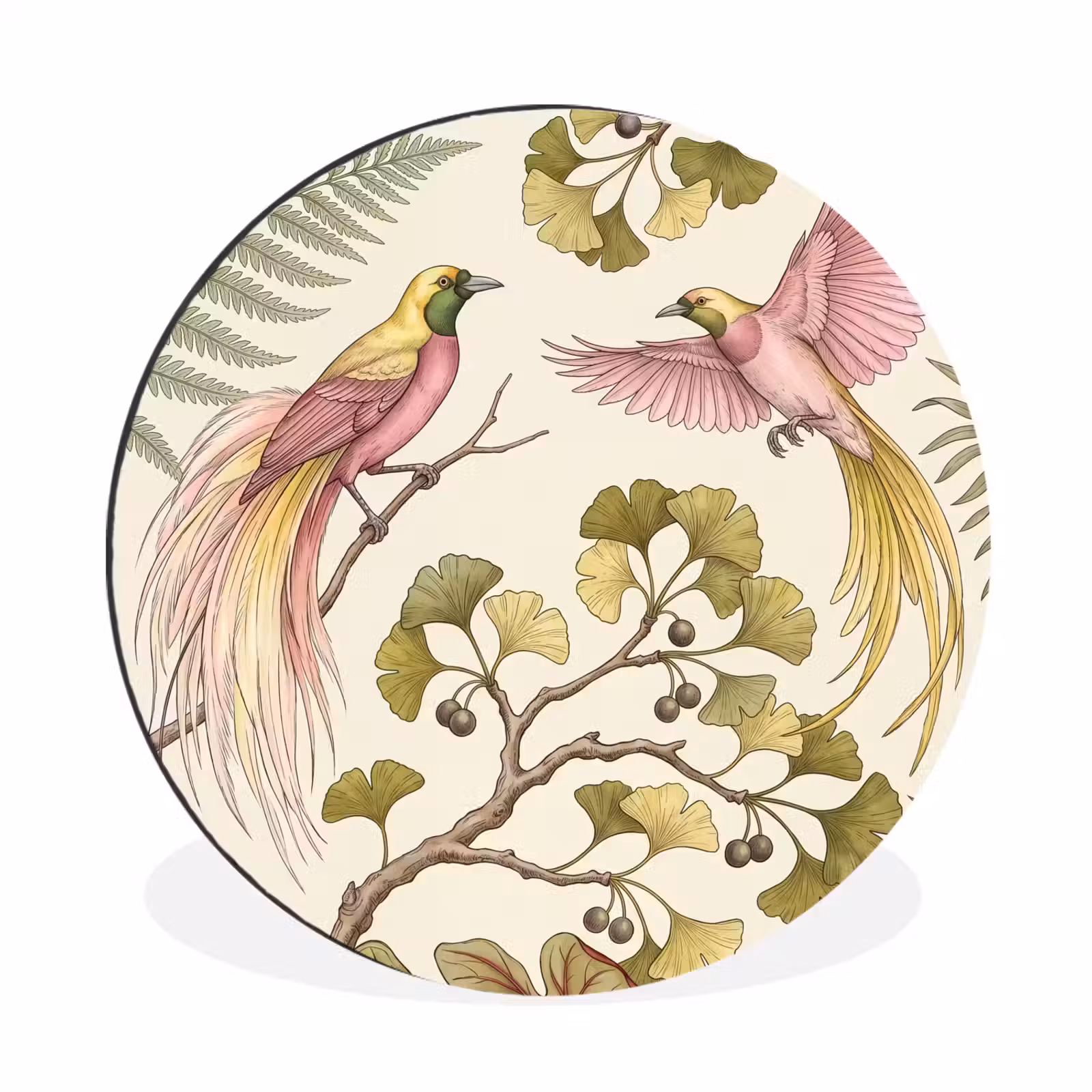 Wandcirkel - Aluminium - Vogels - Tropisch - Botanisch - Roze — 1