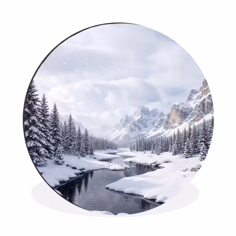Wandcirkel - Aluminium - Sneeuwlandschap - Bergen - Rivier - Winter — 1