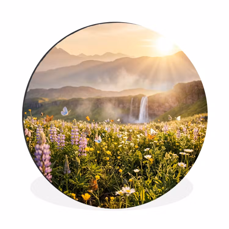 Wandcirkel - Aluminium - Vlinders - Waterval - Bloemenveld — 1