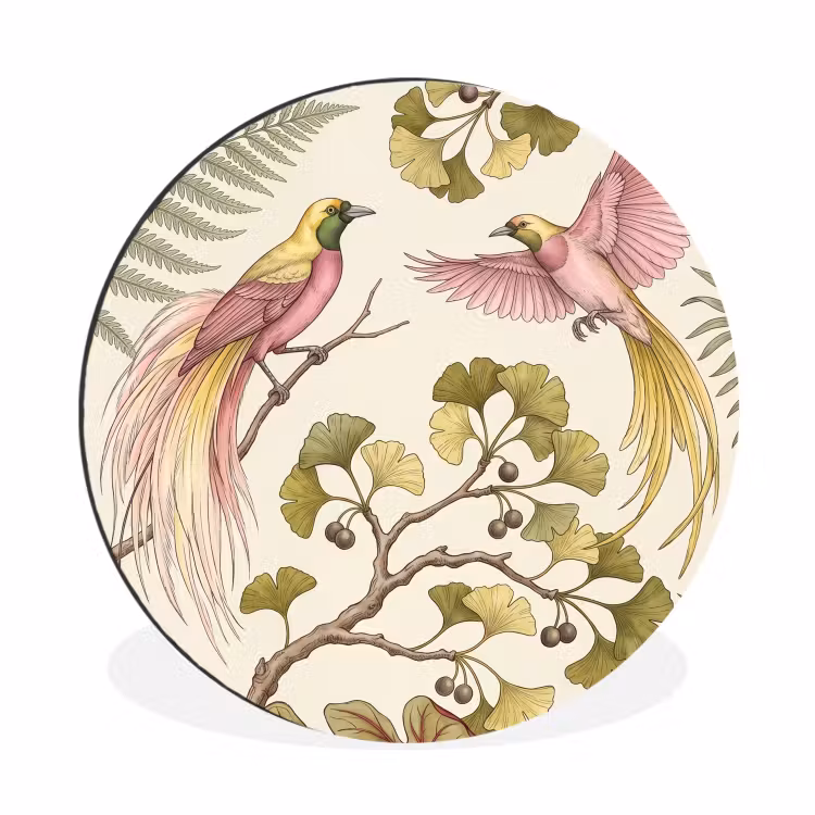 Wandcirkel - Aluminium - Vogels - Tropisch - Botanisch - Roze — 1