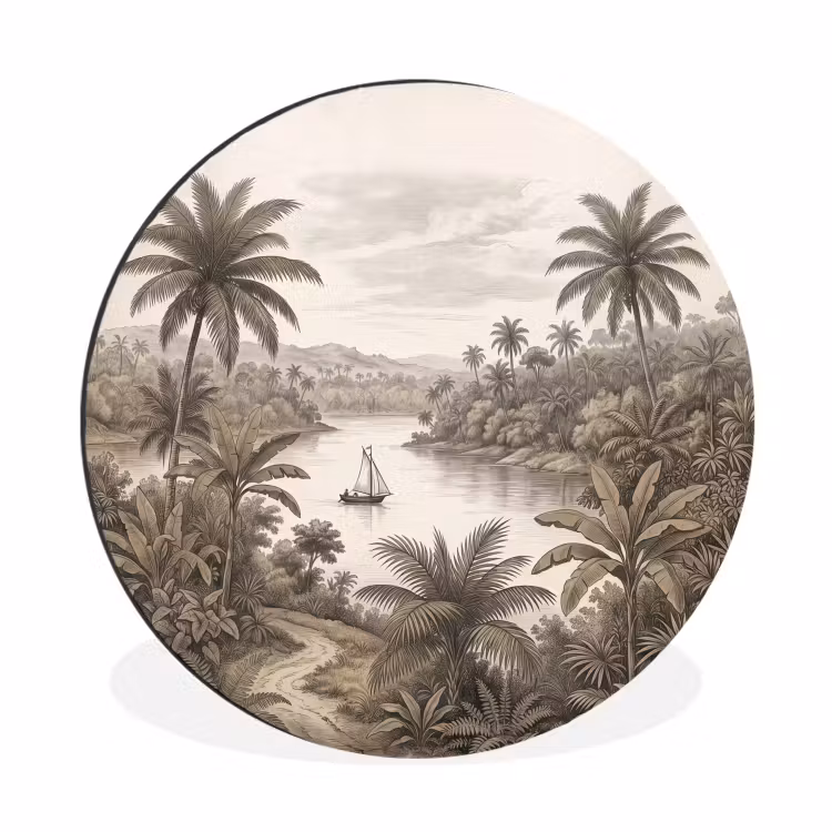 Wandcirkel - Aluminium - Landschap - Rivier - Boot - Tropisch - Vintage — 1