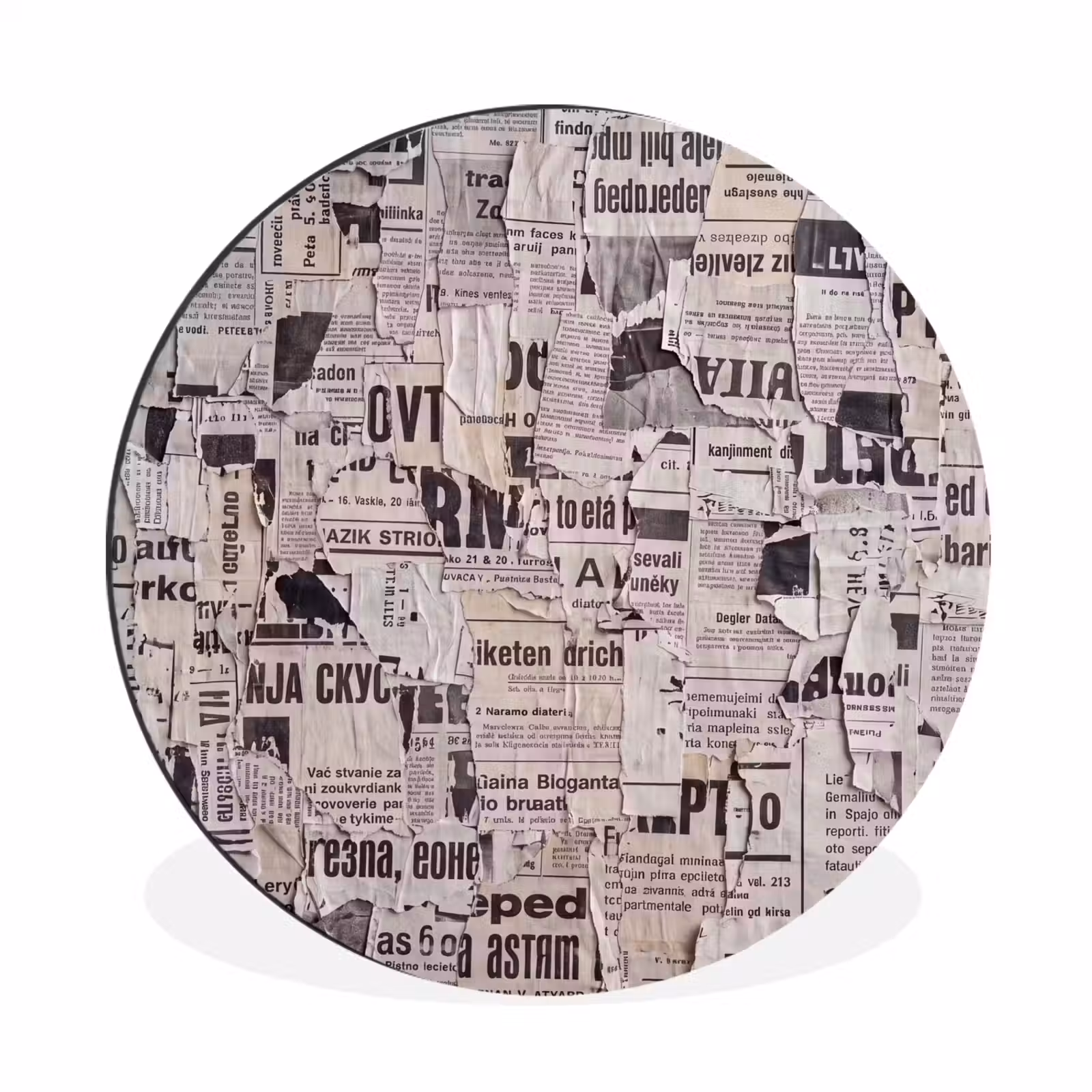 Wandcirkel - Aluminium - Krant - Gescheurd - Textuur - Abstract - Zwart-wit — 1