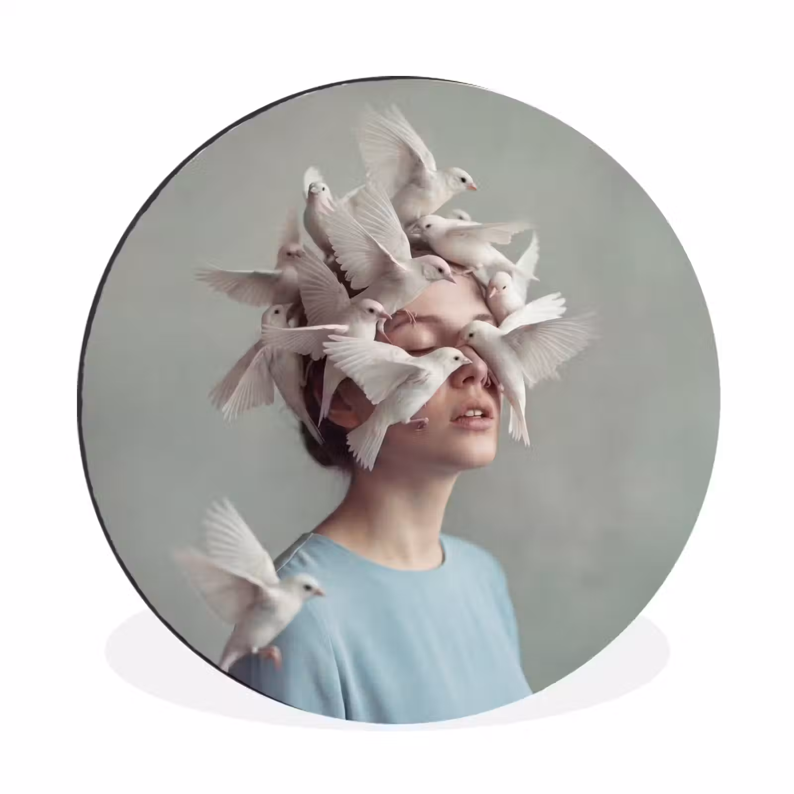 Wandcirkel - Aluminium - Vrouw - Vogels - Abstract - Modern - Wit — 1
