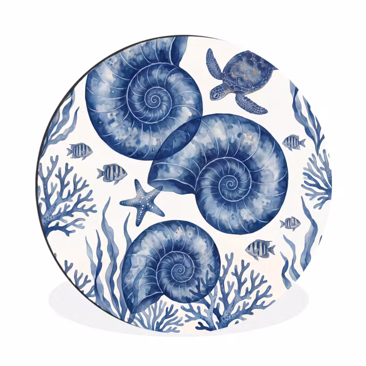 Wandcirkel - Aluminium - Schelp - Spiraal - Zeeleven - Aquarel - Blauw — 1