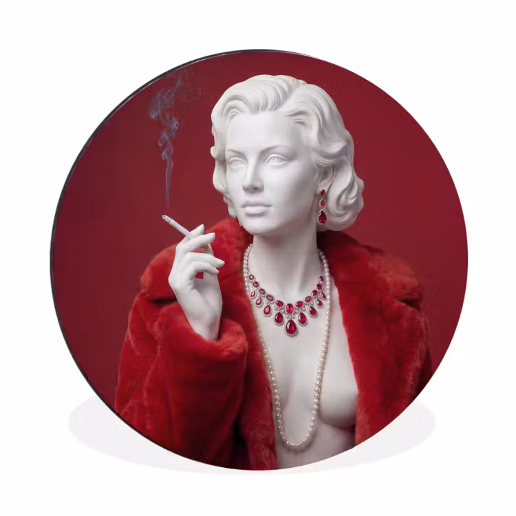 Wandcirkel - Aluminium - Vrouw - Bontjas - Mode - Klassiek - Rood — 1