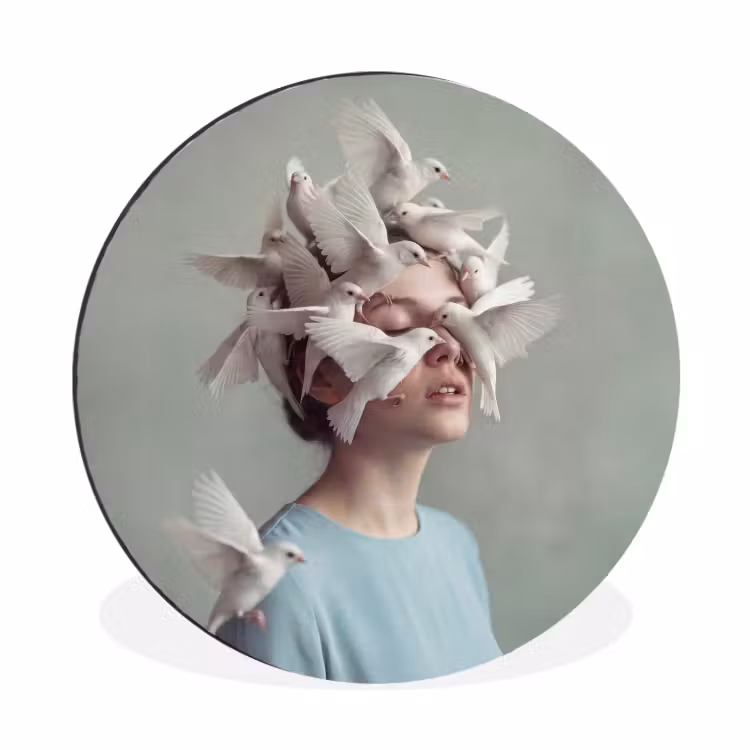 Wandcirkel - Aluminium - Vrouw - Vogels - Abstract - Modern - Wit — 1