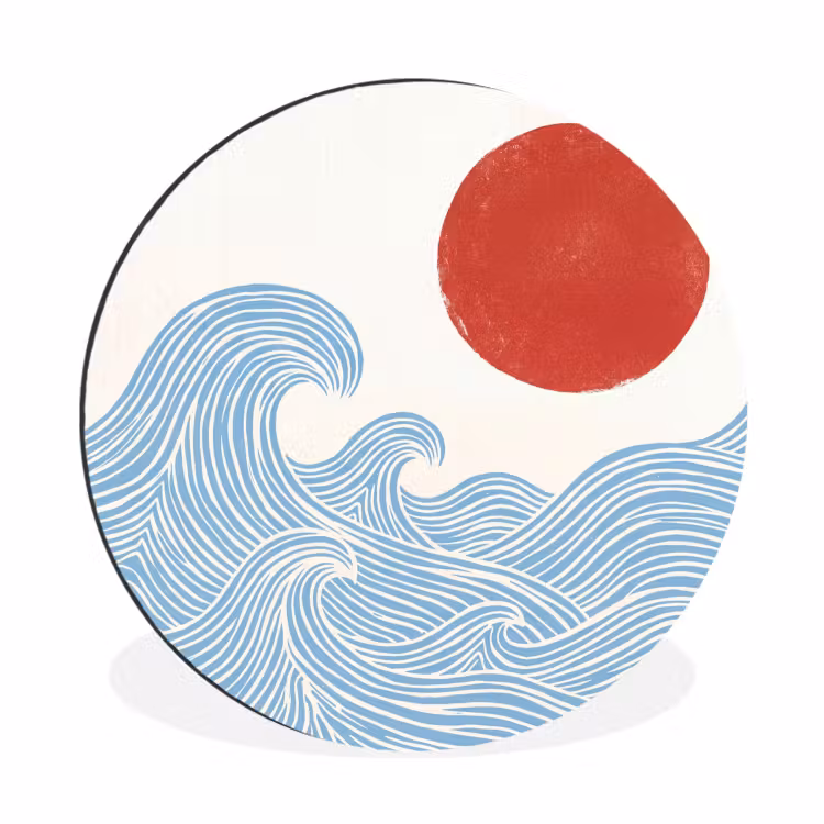 Wandcirkel - Aluminium - Zon - Golven - Oceaan - Abstract - Rood — 1