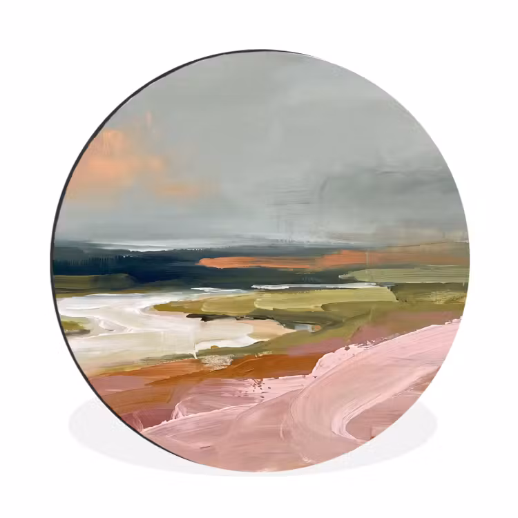 Wandcirkel - Aluminium - Landschap - Rivier - Abstract - Roze - Groen — 1