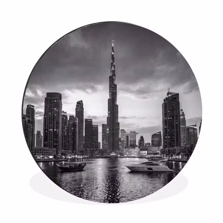 Wandcirkel - Aluminium - Stad - Skyline - Architectuur - Avond - Zwart-wit — 1