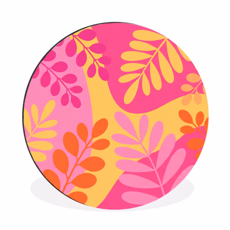 Wandcirkel - Aluminium - Natuur - Bladeren - Abstract - Roze - Geel — 1