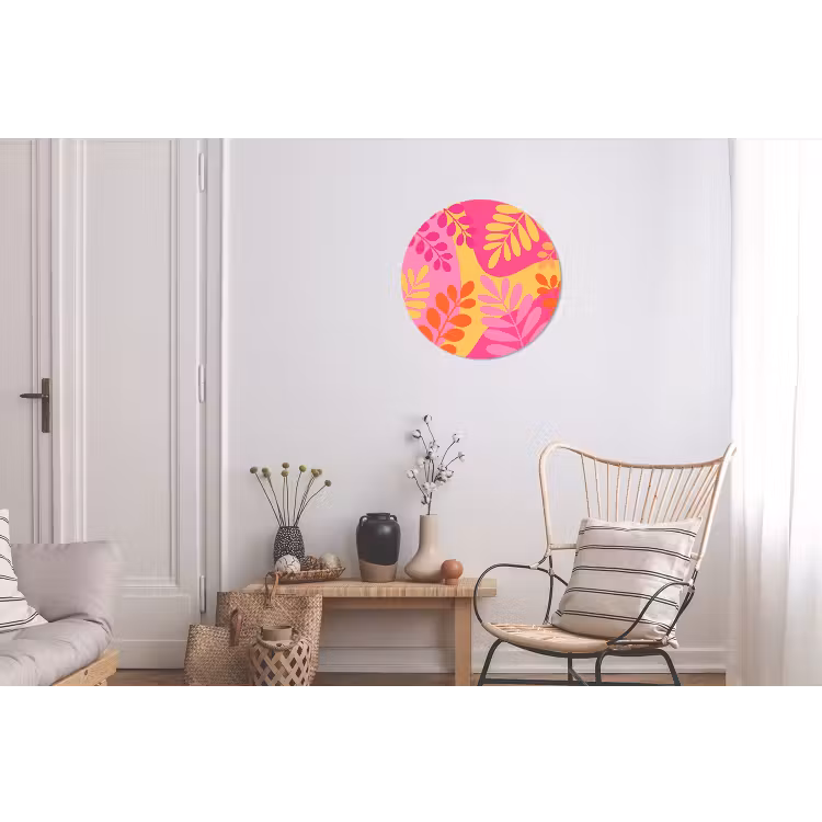 Wandcirkel - Aluminium - Natuur - Bladeren - Abstract - Roze - Geel — 2
