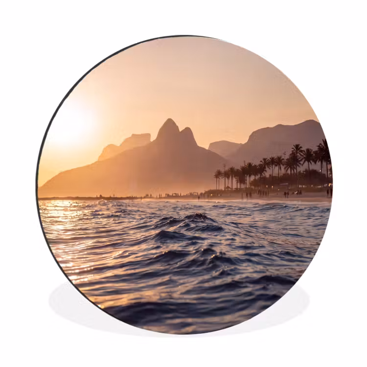 Wandcirkel - Aluminium - Zee - Golven - Zonsondergang - Kust - Goud — 1