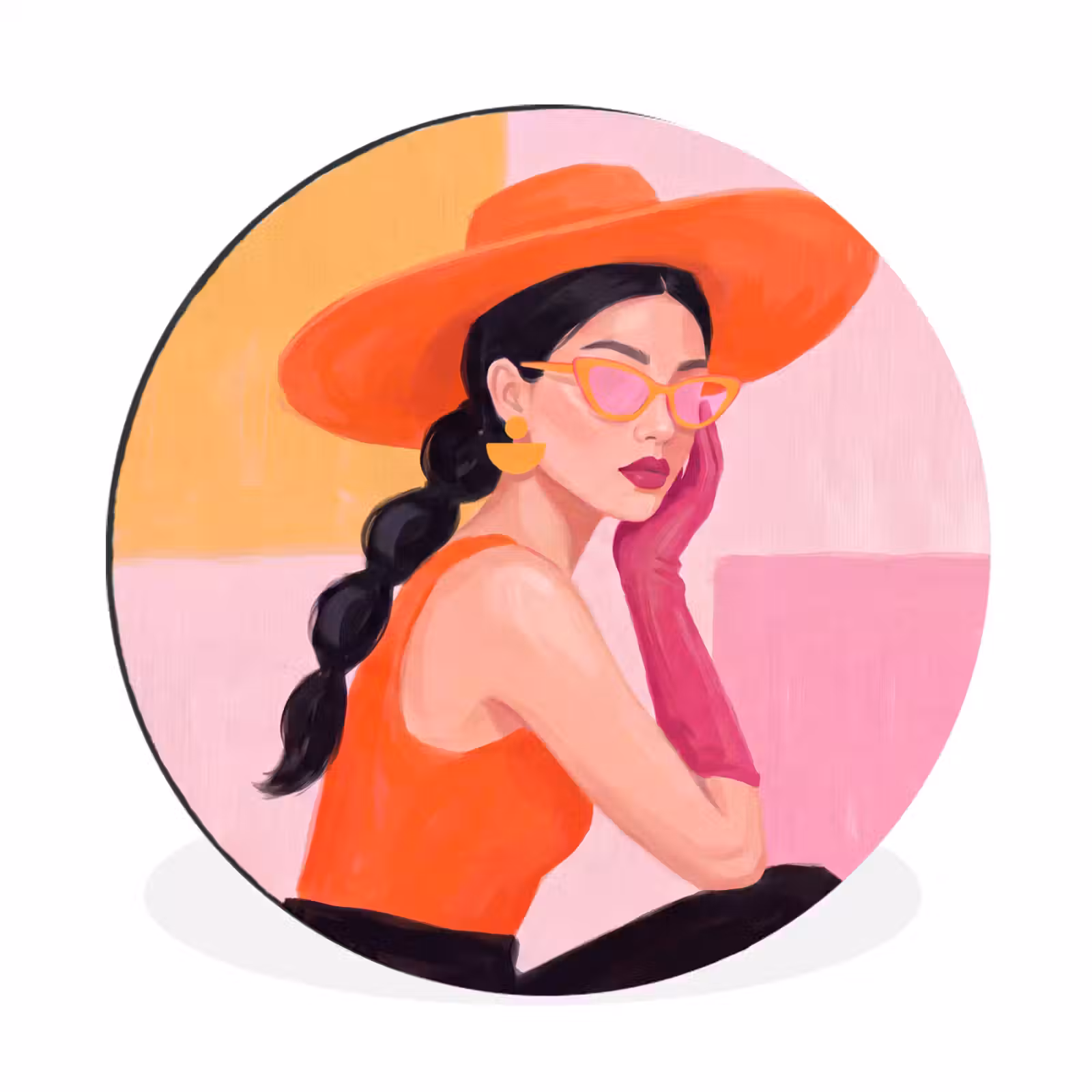 Wandcirkel - Aluminium - Vrouw - Hoed - Mode - Modern - Oranje — 1