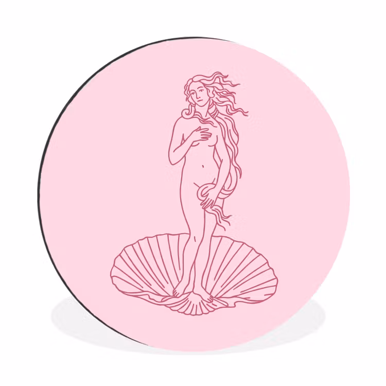 Wandcirkel - Aluminium - Vrouw - Schelp - Kunst - Lijntekening - Roze — 1