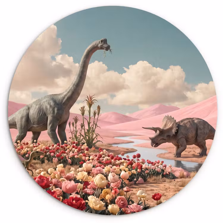 Wandcirkel - Glas - Dinosaurus - Roze - Landschap — 1