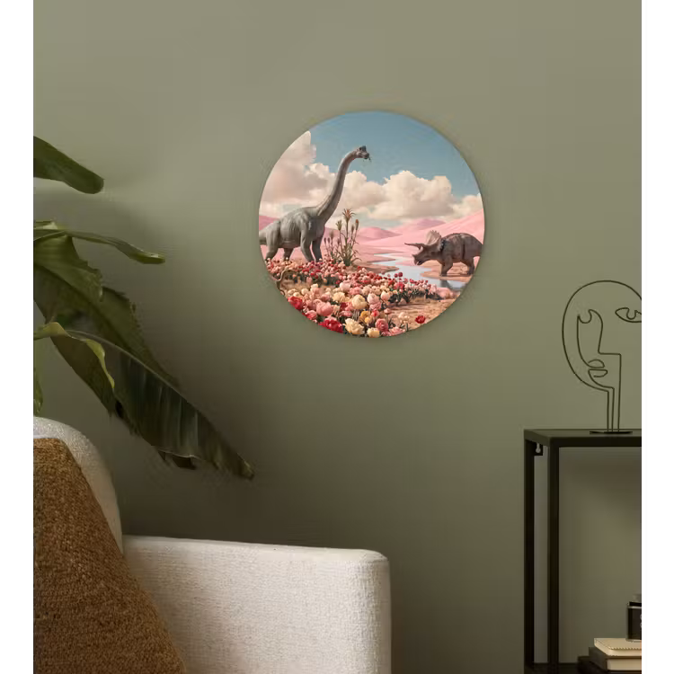 Wandcirkel - Glas - Dinosaurus - Roze - Landschap — 3