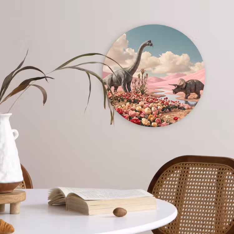 Wandcirkel - Glas - Dinosaurus - Roze - Landschap — 4