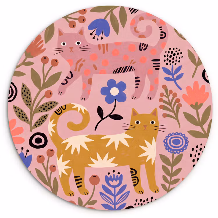 Wandcirkel - Glas - Kat - Bloemen - Dieren - Modern - Roze — 1