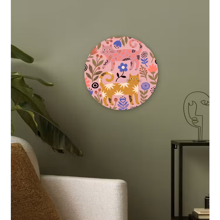 Wandcirkel - Glas - Kat - Bloemen - Dieren - Modern - Roze — 3