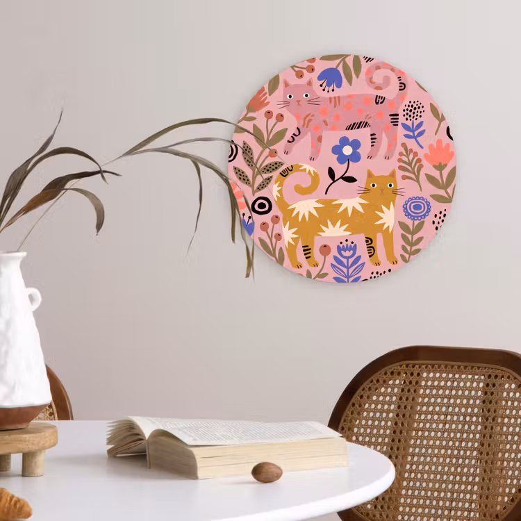 Wandcirkel - Glas - Kat - Bloemen - Dieren - Modern - Roze — 4