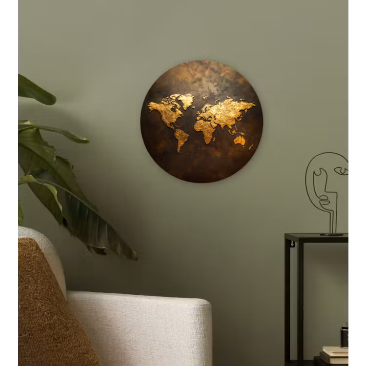Wandcirkel - Glas - Wereldkaart - Goud - Roest — 3