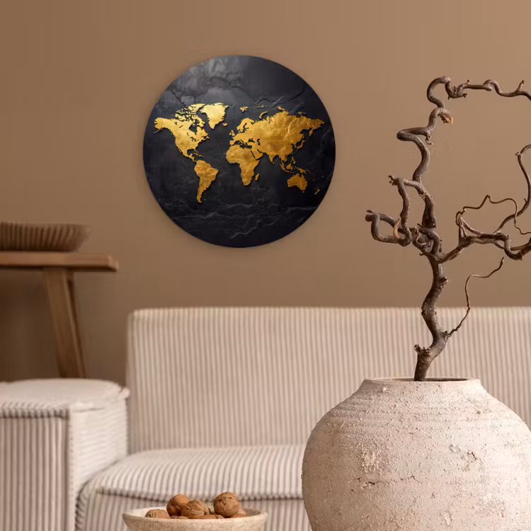 Wandcirkel - Glas - Wereldkaart - Goud - Steen — 2