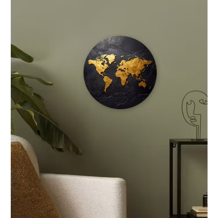 Wandcirkel - Glas - Wereldkaart - Goud - Steen — 3
