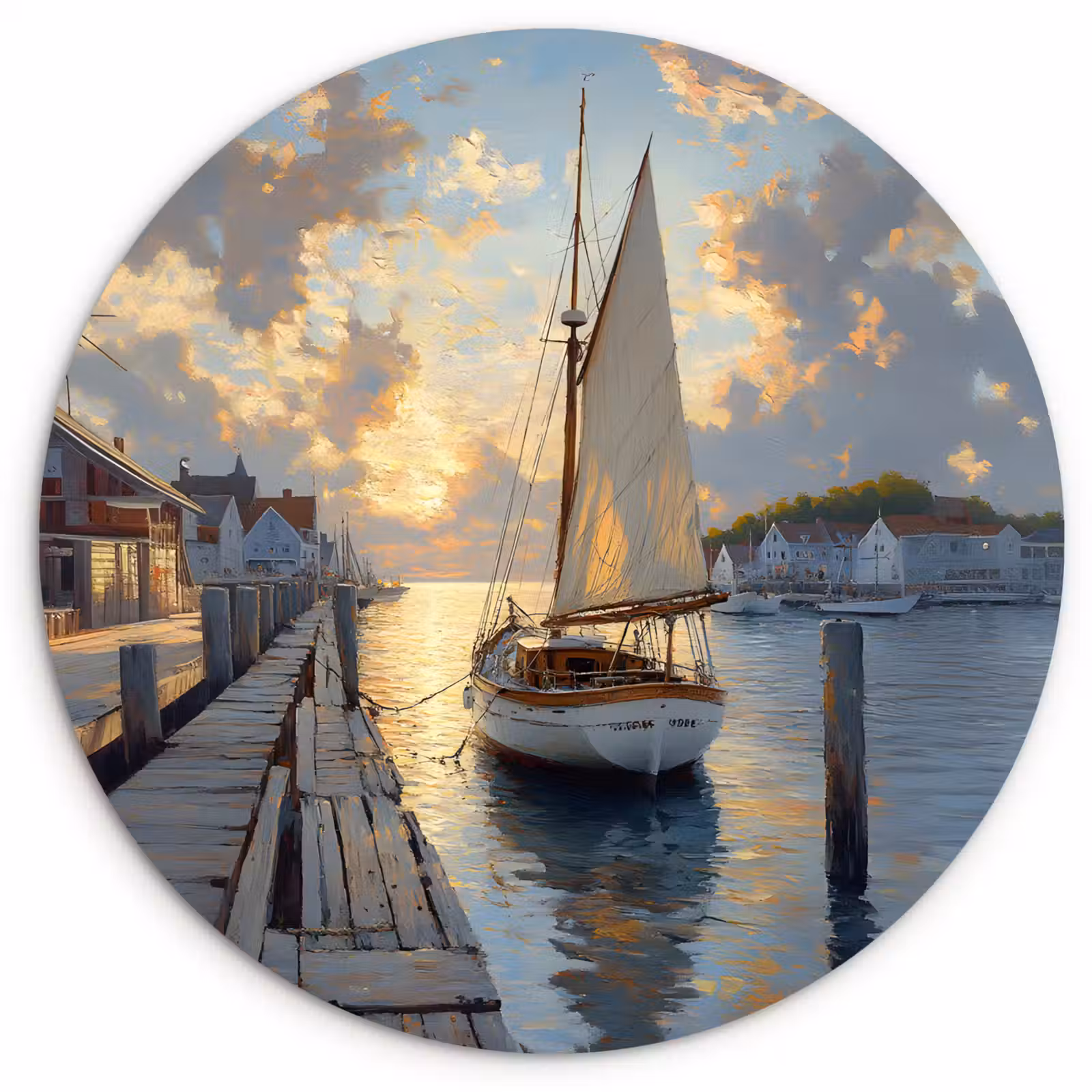 Wandcirkel - Glas - Zeilboot - Zon - Pier - Hout — 1