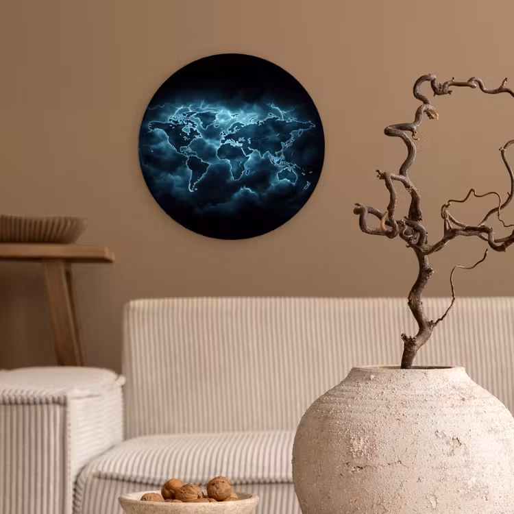 Wandcirkel - Glas - Wereldkaart - Bliksem - Blauw — 2