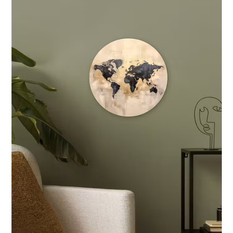 Wandcirkel - Glas - Wereldkaart - Goud - Zwart - Abstract — 3