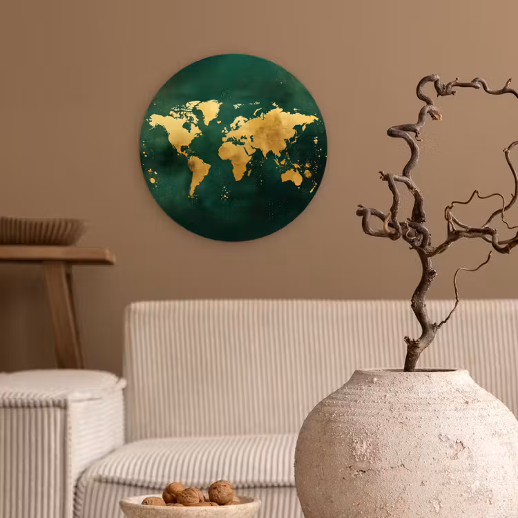 Wandcirkel - Glas - Wereldkaart - Groen - Goud — 2