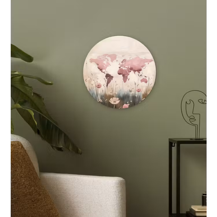 Wandcirkel - Glas - Wereldkaart - Roze - Bloemen — 3