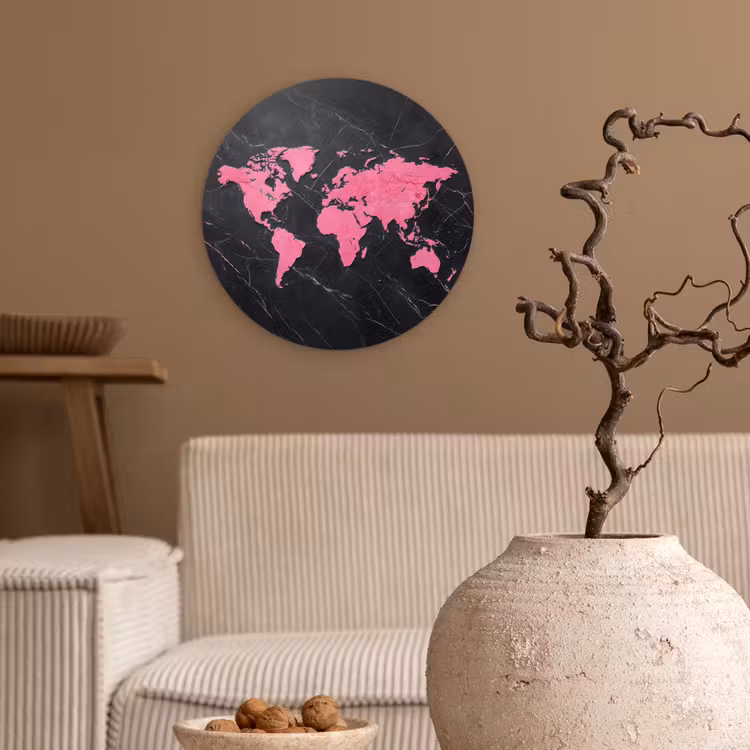 Wandcirkel - Glas - Wereldkaart - Roze - Marmer — 2