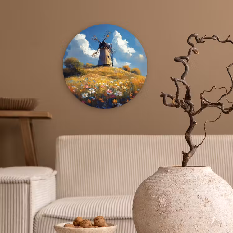 Wandcirkel - Glas - Windmolen - Heuvel - Bloemen - Kleurrijk — 2