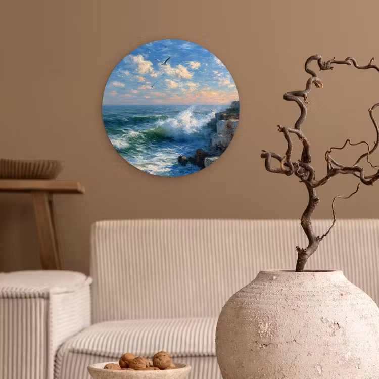 Wandcirkel - Glas - Zee - Golven - Rotsen - Meeuwen — 2