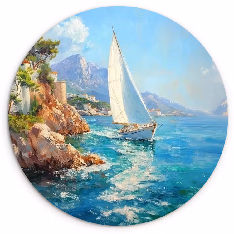 Wandcirkel - Glas - Zeilboot - Rotsen - Kust - Huizen — 1