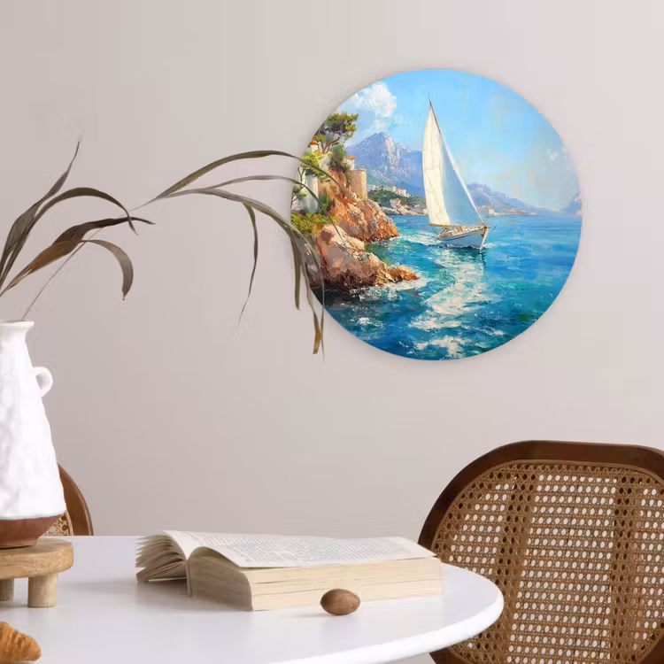 Wandcirkel - Glas - Zeilboot - Rotsen - Kust - Huizen — 4