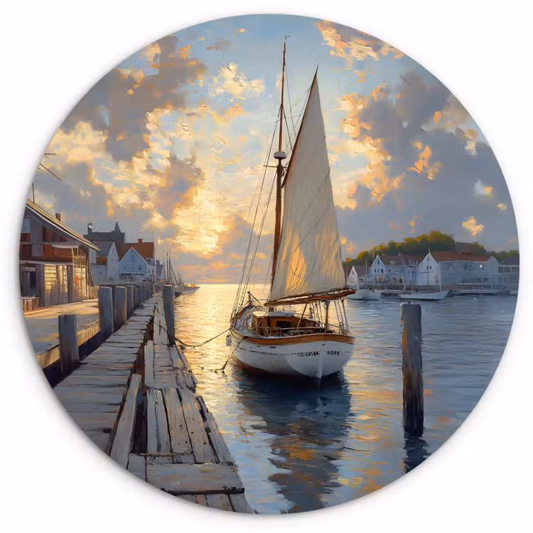 Wandcirkel - Glas - Zeilboot - Zon - Pier - Hout — 1