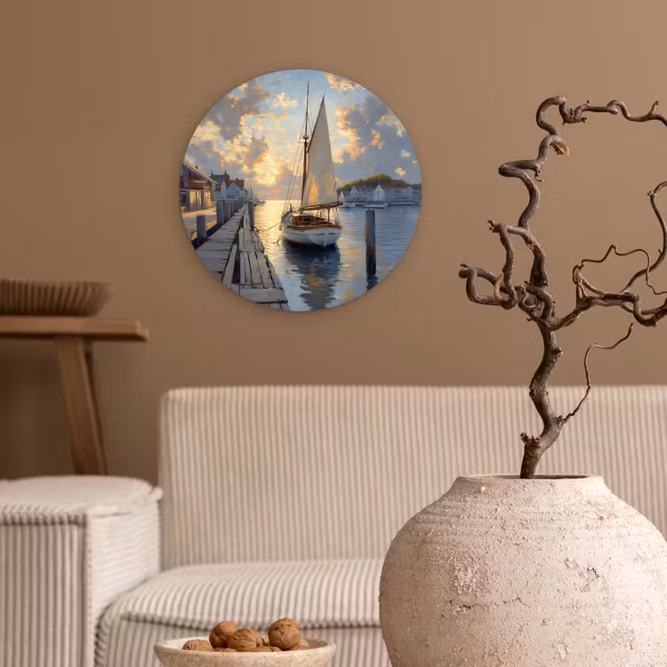 Wandcirkel - Glas - Zeilboot - Zon - Pier - Hout — 2