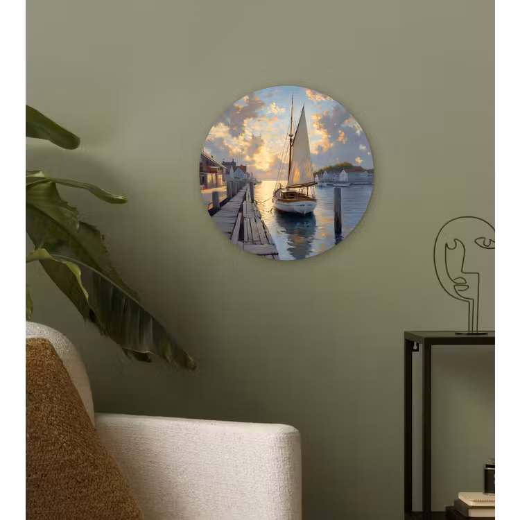 Wandcirkel - Glas - Zeilboot - Zon - Pier - Hout — 3