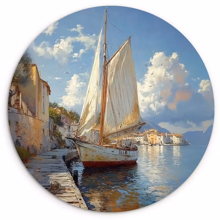 Wandcirkel - Glas - Zeilschip - Huizen - Kade - Zee — 1