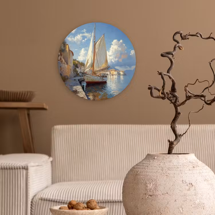 Wandcirkel - Glas - Zeilschip - Huizen - Kade - Zee — 2