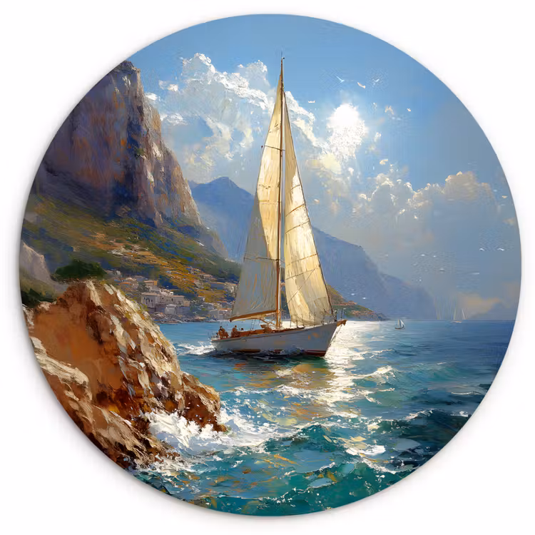 Wandcirkel - Glas - Zeilschip - Zee - Rotsen - Wolken — 1