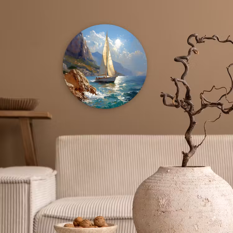 Wandcirkel - Glas - Zeilschip - Zee - Rotsen - Wolken — 2
