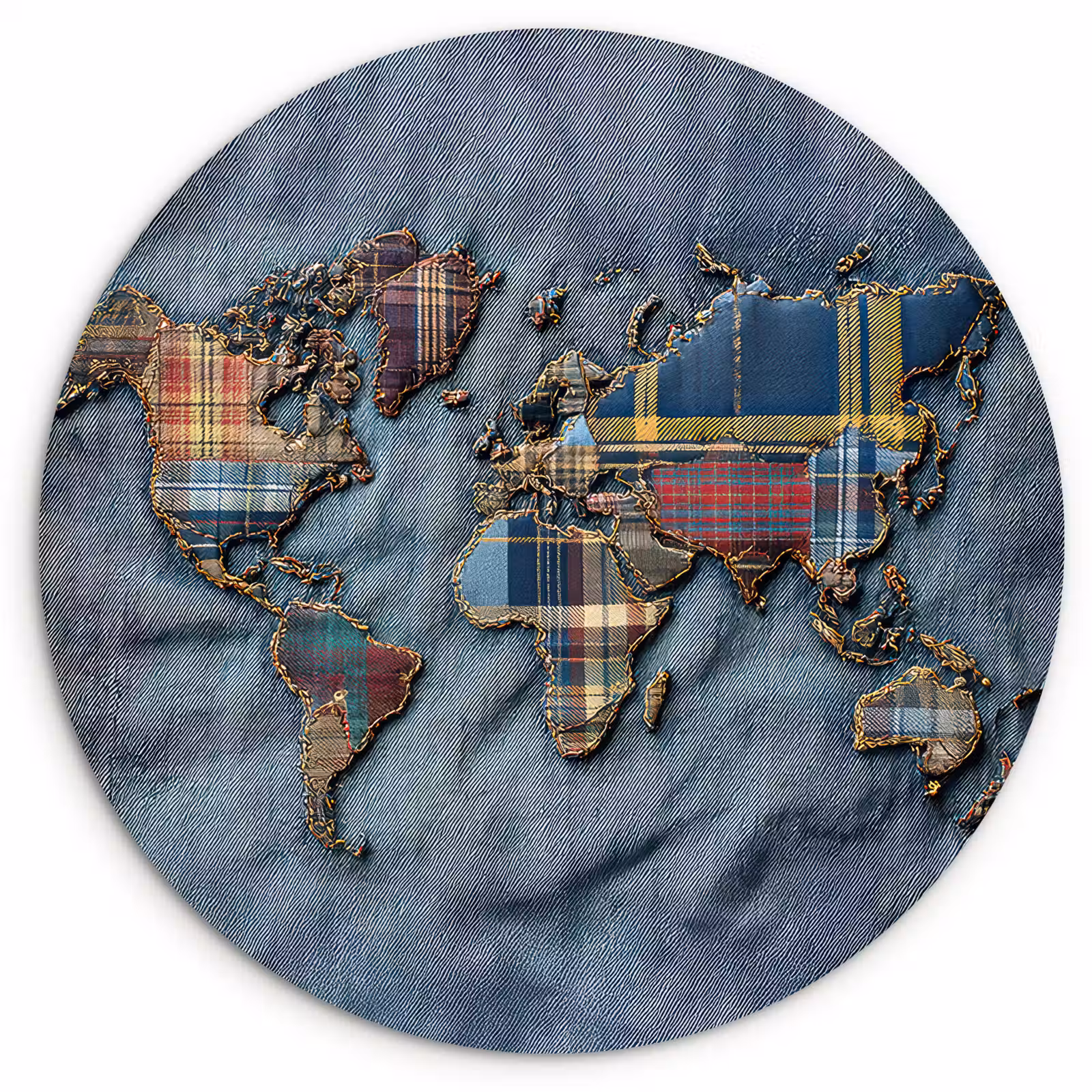 Wandcirkel - Glas - Wereldkaart - Denim - Textiel — 1