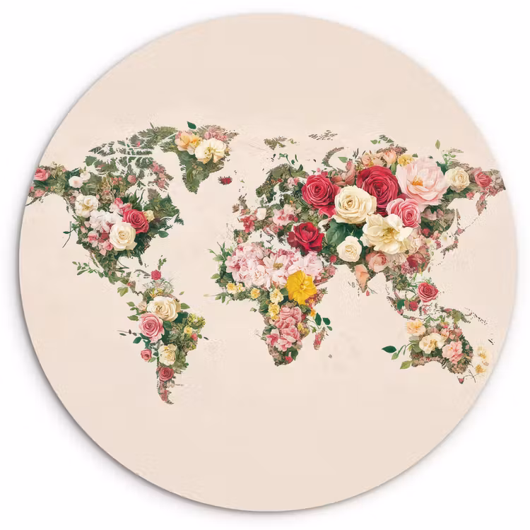 Wandcirkel - Glas - Wereldkaart - Bloemen - Roze — 1