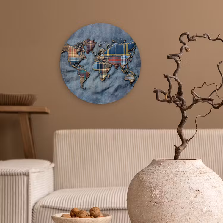 Wandcirkel - Glas - Wereldkaart - Denim - Textiel — 2