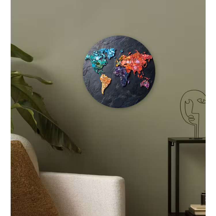 Wandcirkel - Glas - Wereldkaart - Edelstenen - Regenboog - Ruw — 3