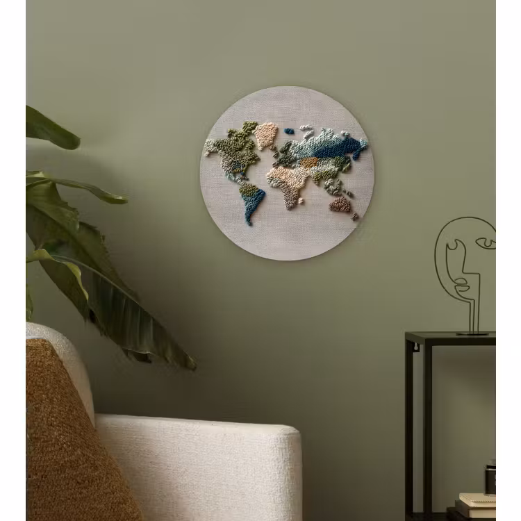 Wandcirkel - Glas - Wereldkaart - Geborduurd - Aardetinten — 3