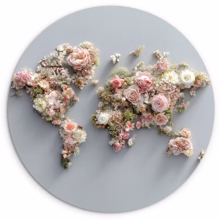Wandcirkel - Glas - Wereldkaart - Rozen - Roze — 1